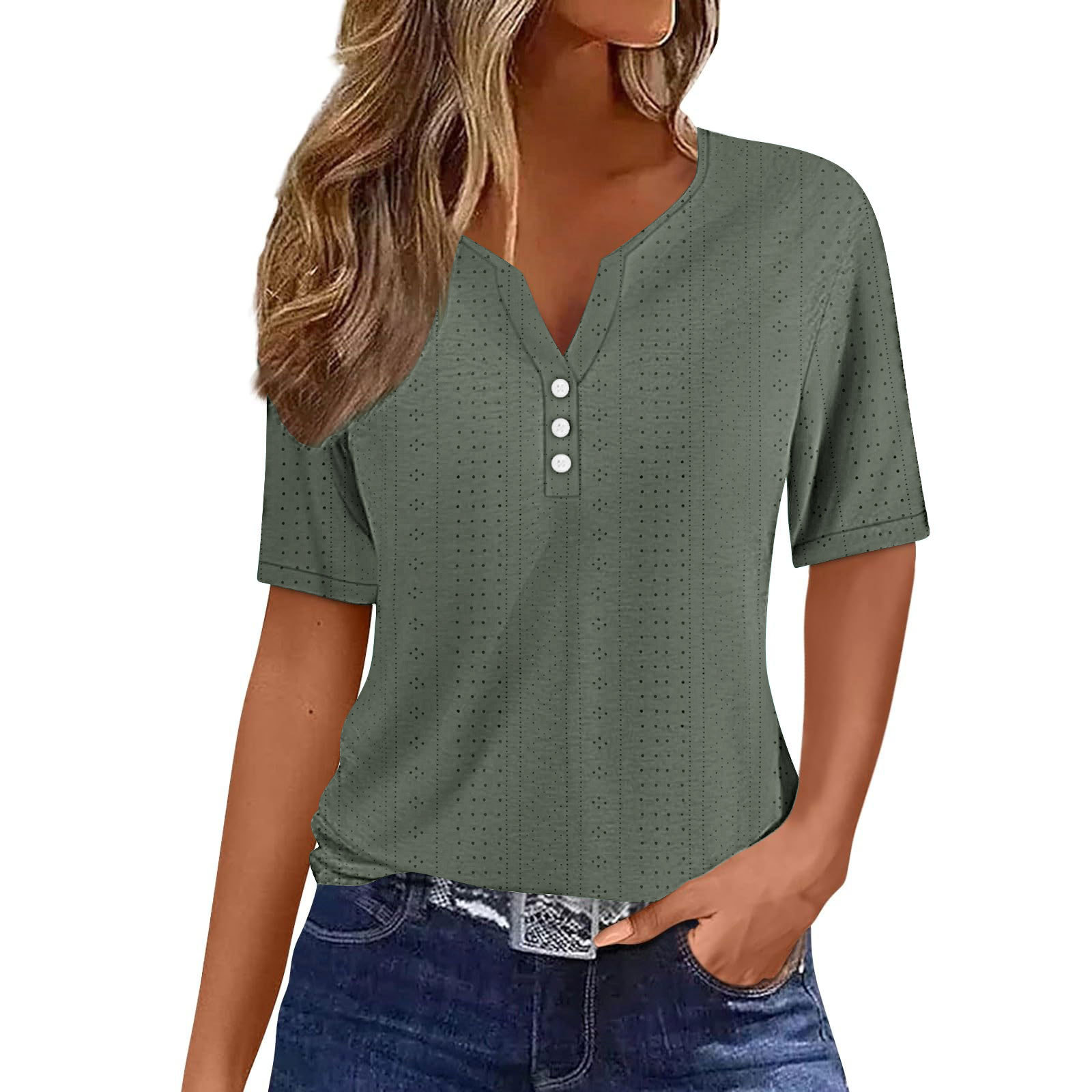 Women's Summer V-Neck Jacquard Hollow-Out Short-Sleeve Top