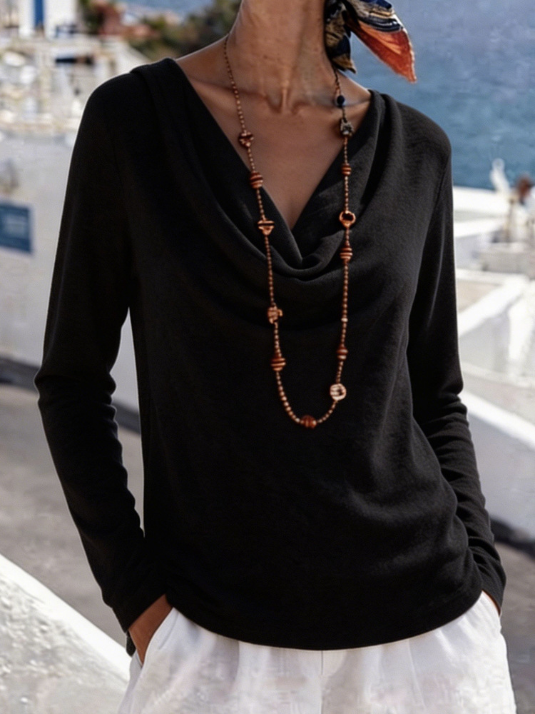 Women's Casual Loose Solid Color Cowl Neck Long Sleeve Pullover Top