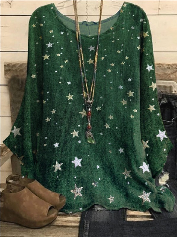 Cotton-Linen Print Round Neck Loose Vintage Top