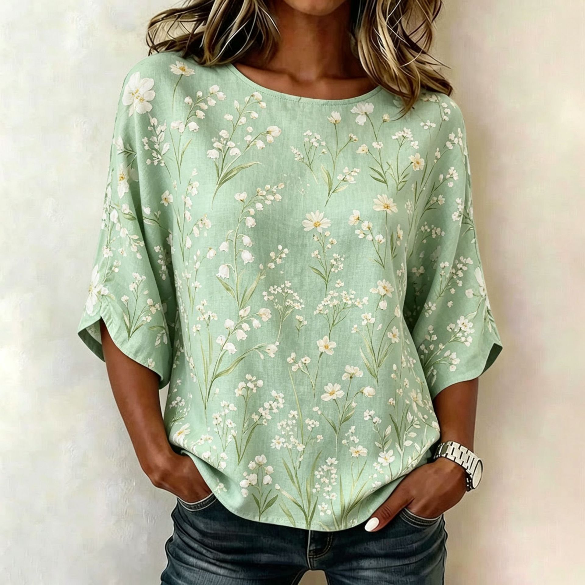 Floral Plaid Print Mid-Sleeve Women's Top