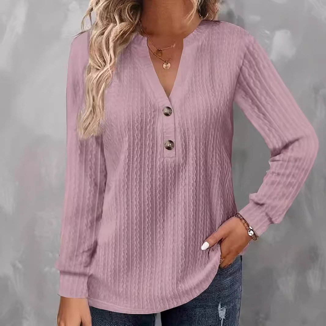 Women's Long Sleeve V-Neck Button T-Shirt Solid Color Top