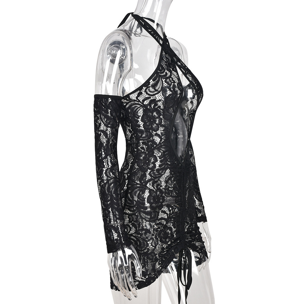 Women's Lace Cutout Waist-Baring Sheer Drawstring Long-Sleeve Dress