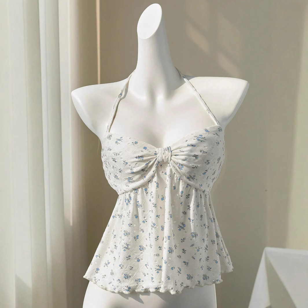 Japanese-Style Floral Tie-Front Cami Doll Top
