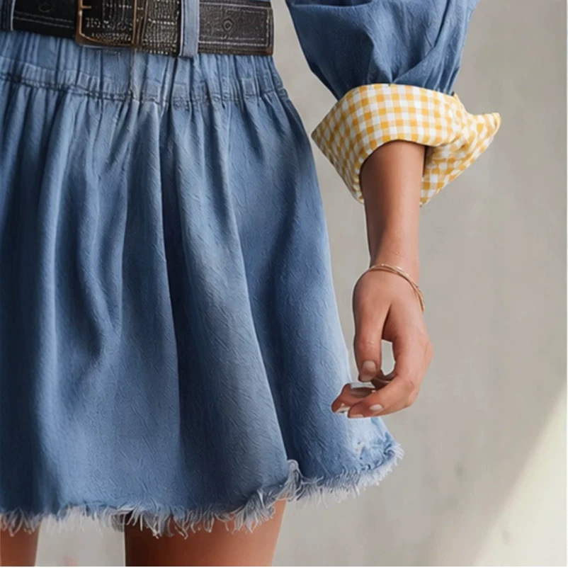 Retro Puff-Sleeve Solid Denim Dress with Polo Collar