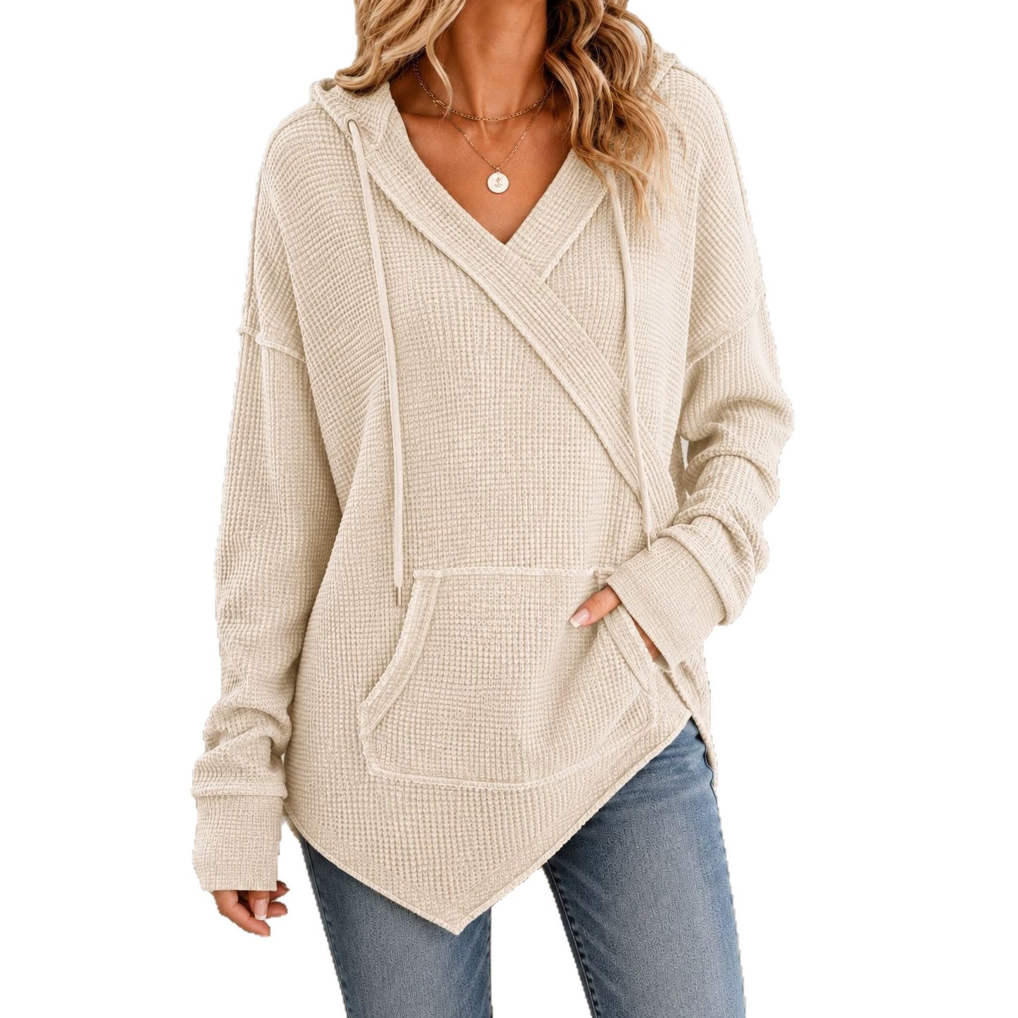 Waffle Knit Drawstring Hoodie Casual Pullover