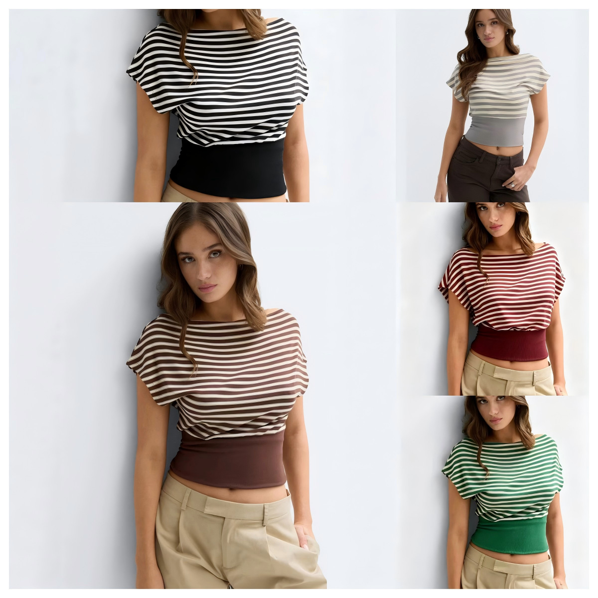 Women's Off-Shoulder Striped Crop Top Slim Fit Short Sleeve