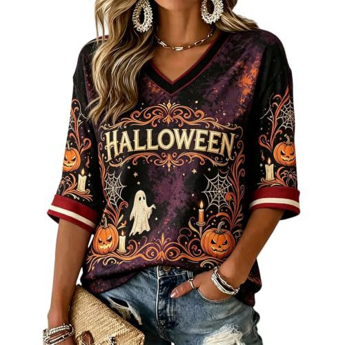 Halloween Pumpkin Shadow Print V-Neck Mid-Sleeve Women's T-Shirt