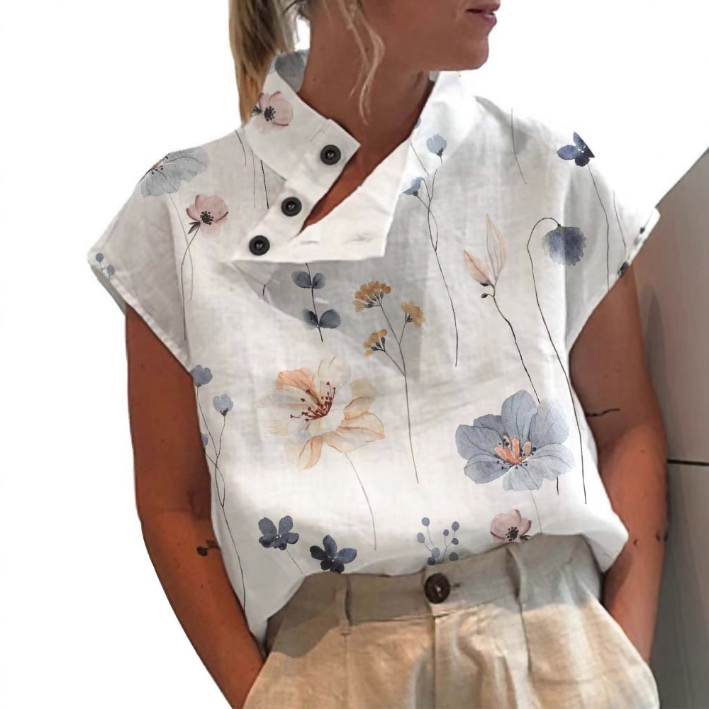 Women's Casual Stand Collar Short Sleeve Digital Print Top T-Shirt