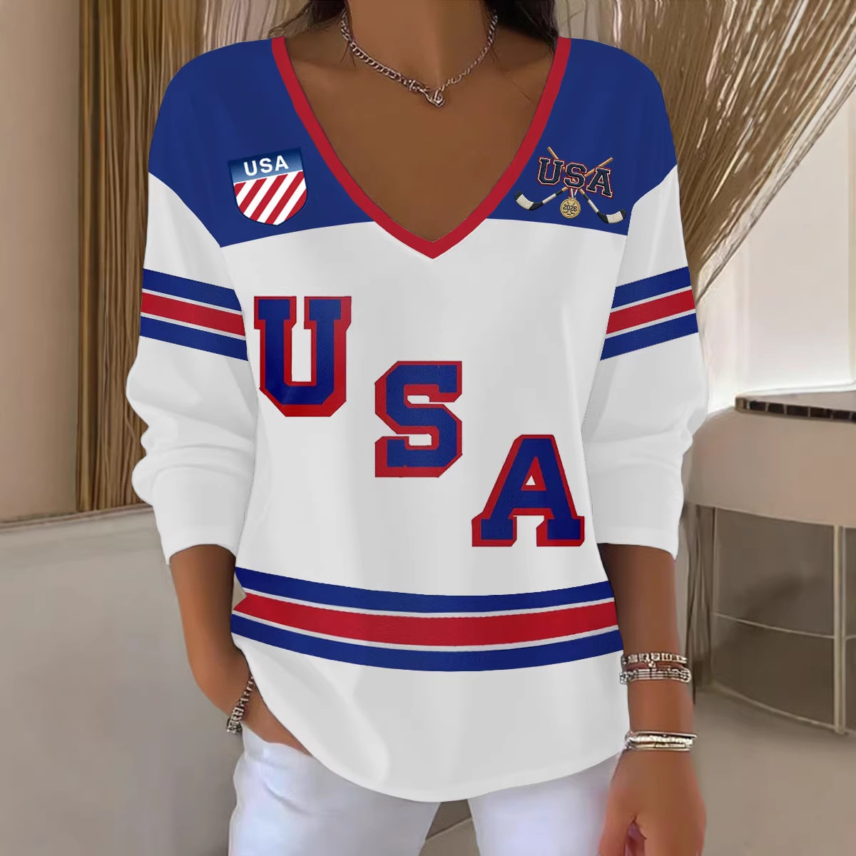 Women's V-Neck Long Sleeve Ice Hockey Graphic T-Shirt