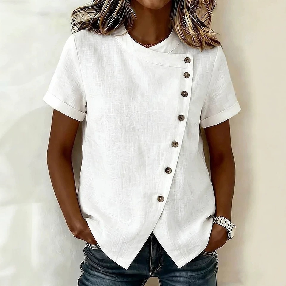 Stand Collar Asymmetric Button Cotton Linen Short Sleeve Shirt with Irregular Hem