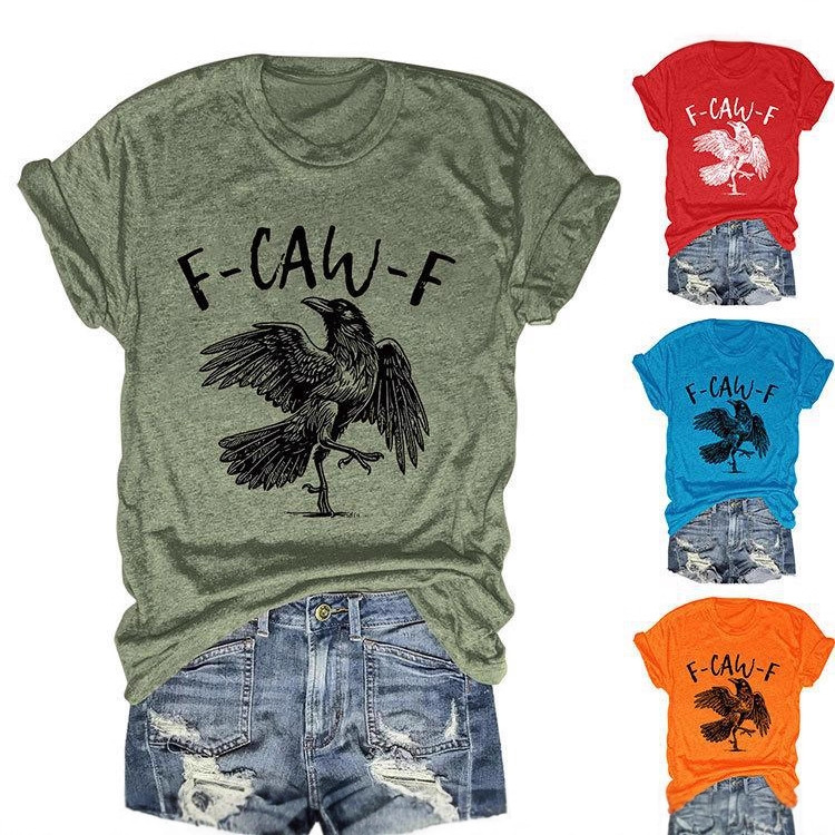 Bird & Crow Print Crewneck Short Sleeve Top