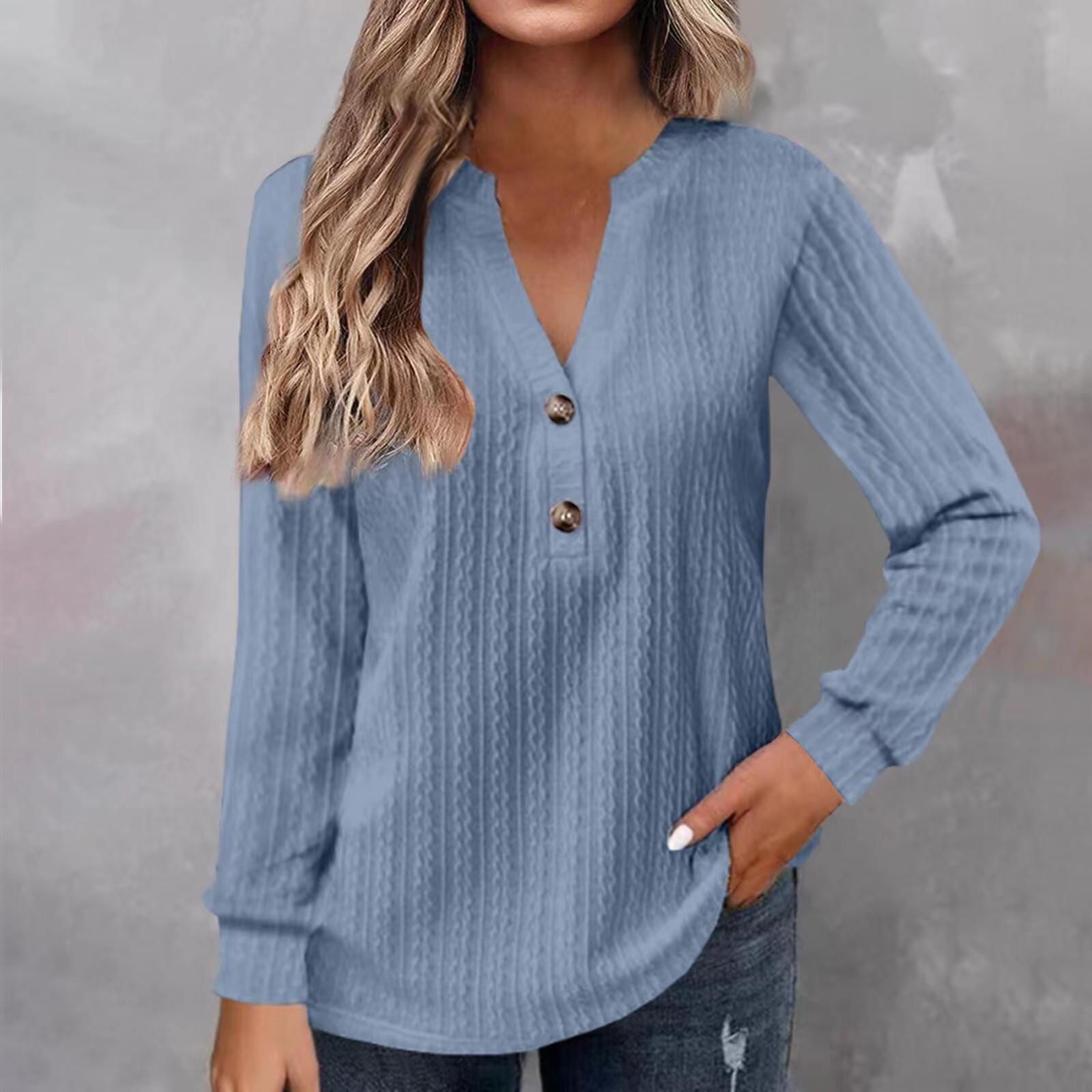 Women's Long Sleeve V-Neck Button T-Shirt Solid Color Top