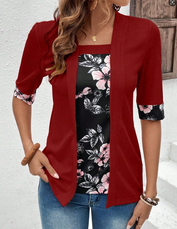 Faux Two-Piece Colorblock Short Sleeve T-Shirt Loose Fit Square Neck