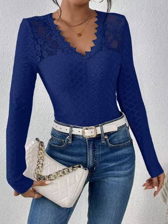 Women's V-Neck Lace Panel Long-Sleeve Top