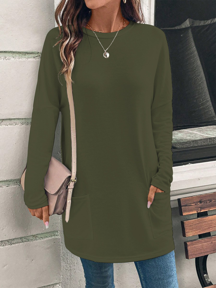 Women's Solid Color Long Sleeve Loose Crewneck Pocket T-Shirt