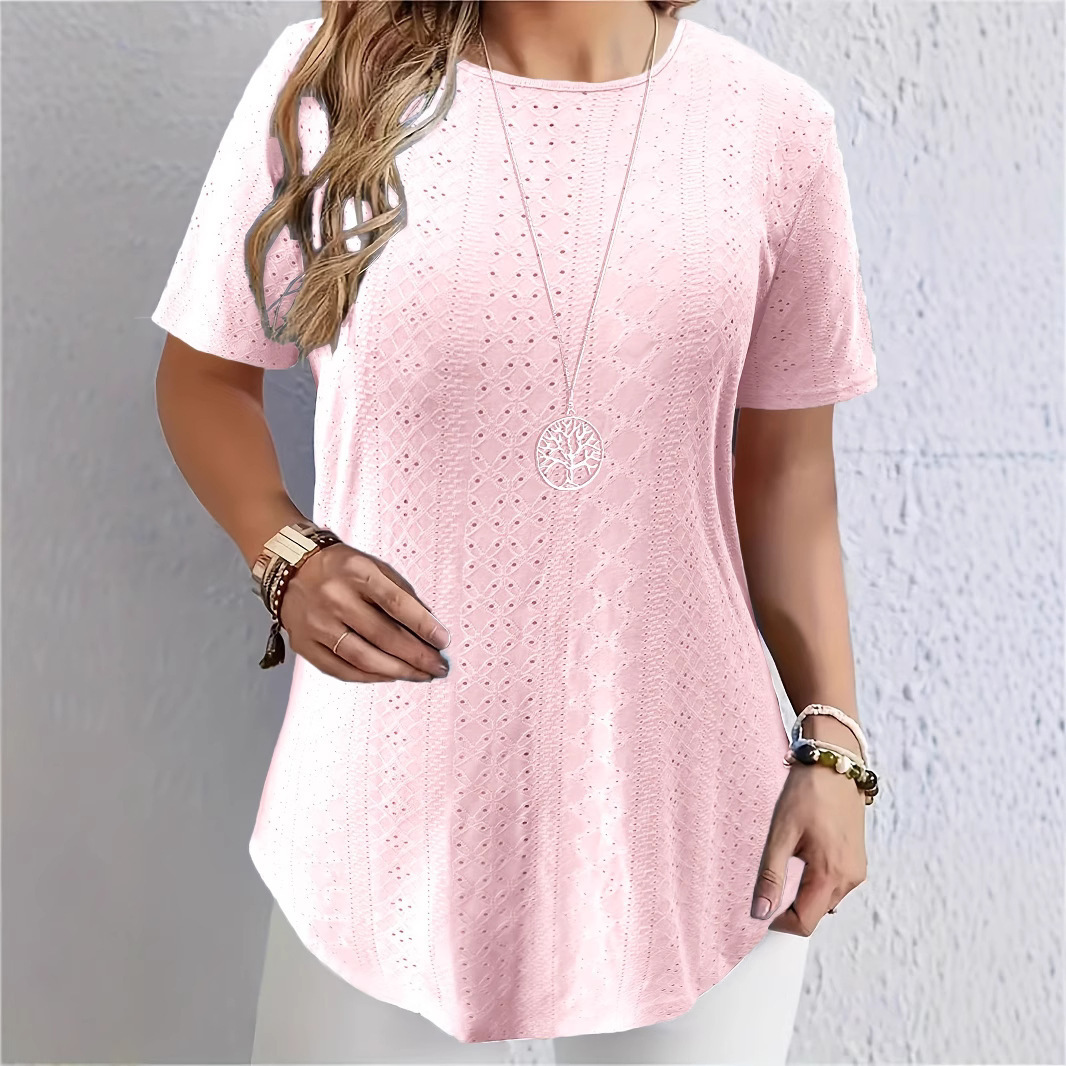 Elegant Printed Solid Color Back Button Short Sleeve T-Shirt