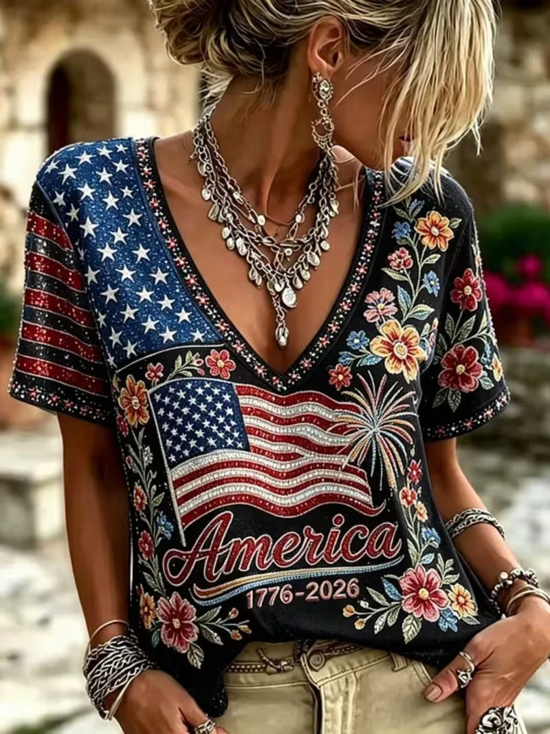 Floral Print V-Neck Short Sleeve Women's T-Shirt