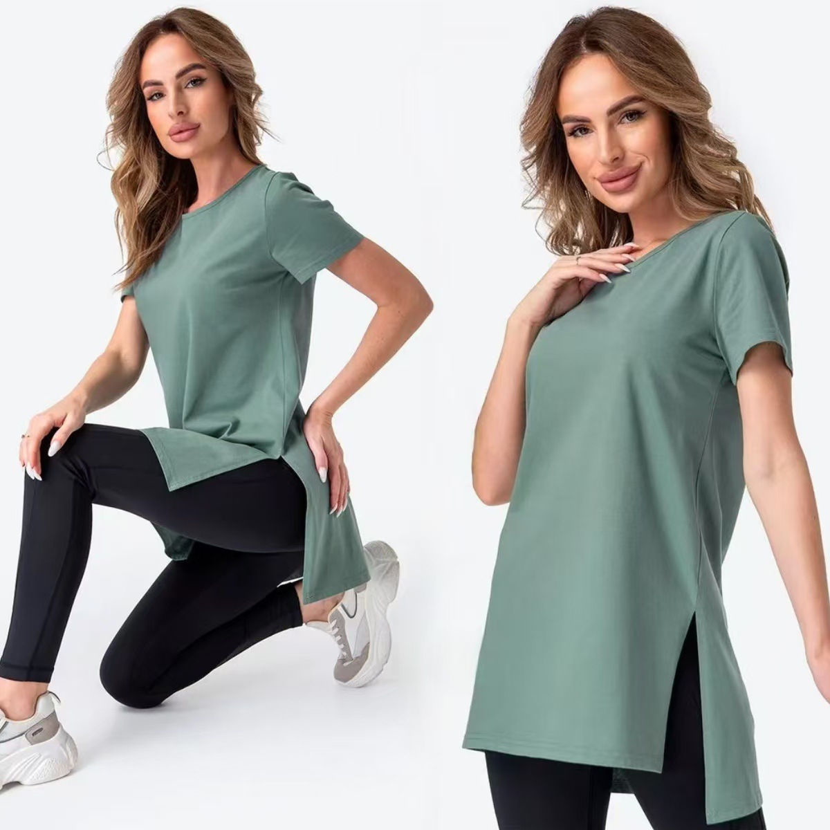 Women's Loose Crewneck Short Sleeve Split Knit Top