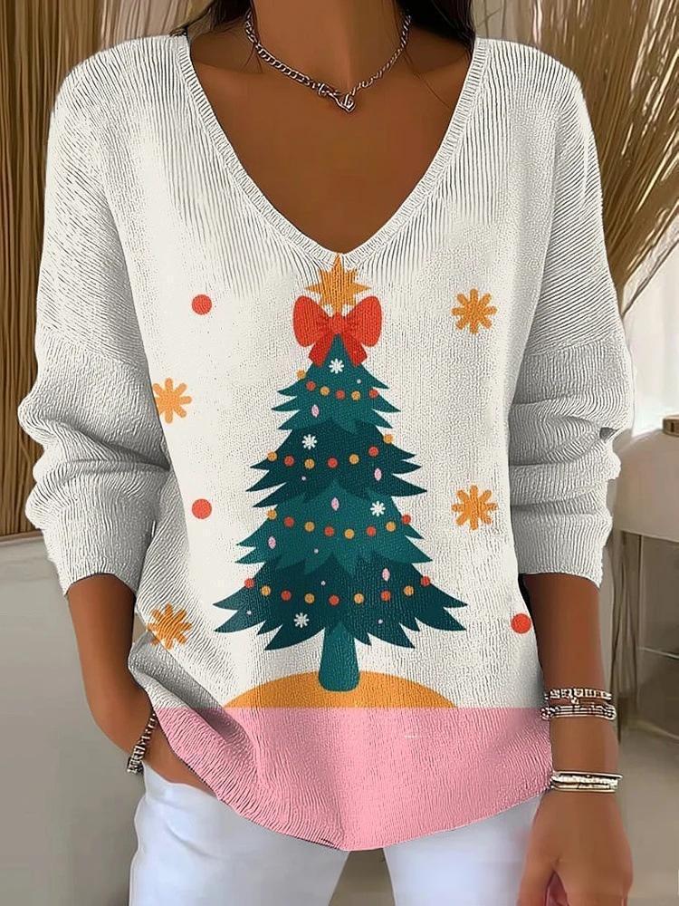Halloween Plant & Tree Print V-Neck Long-Sleeve T-Shirt for Women