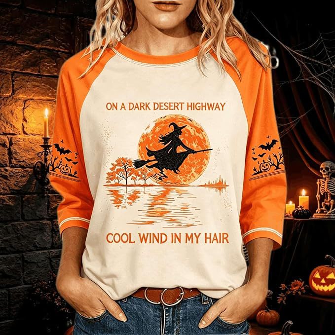 Women's Witch on Flying Broom Halloween Print Crewneck Top