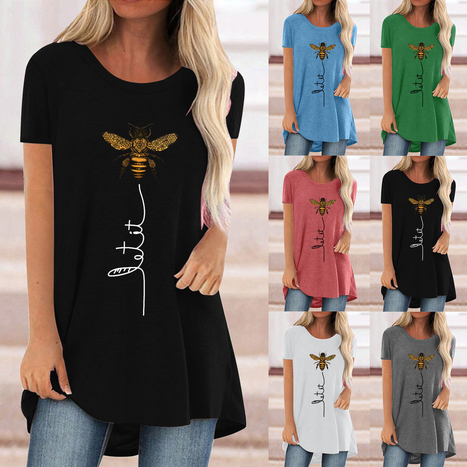 Bee Letter Print Crewneck Women's Short Sleeve Top
