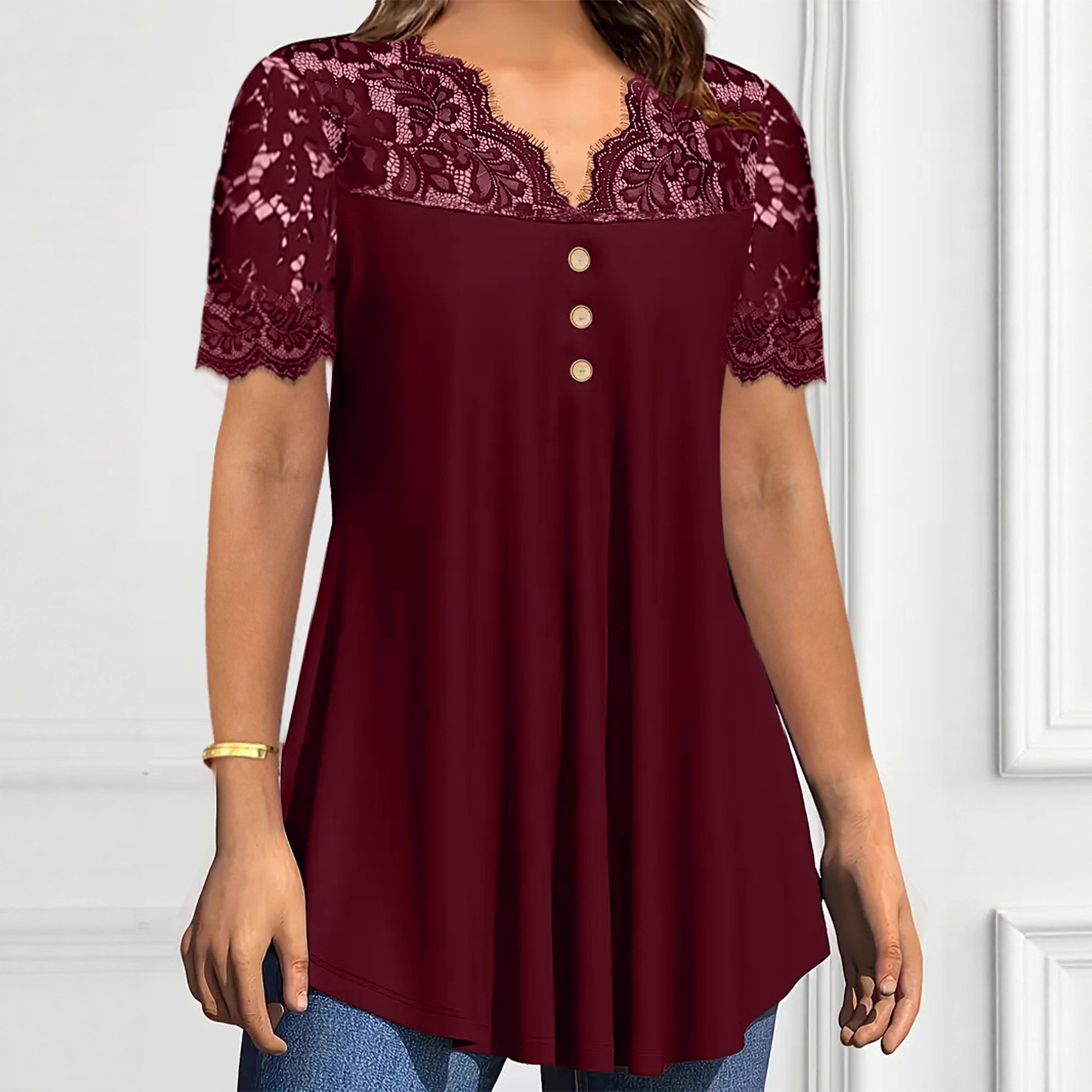 Women's Solid Lace Short Sleeve V-Neck Casual Blouse