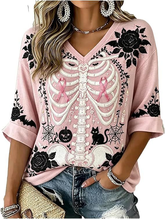 Skeleton Floral Ribbon Print V-Neck Half-Sleeve T-Shirt