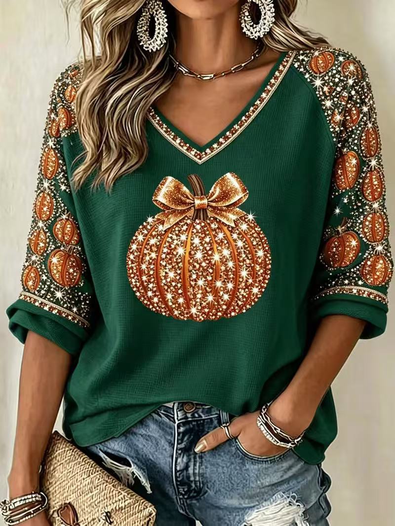 Halloween Pumpkin Bow Print V-Neck Half-Sleeve Women's T-Shirt