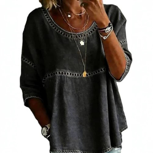Plaid & Solid Print Mid-Sleeve Casual Women's Top