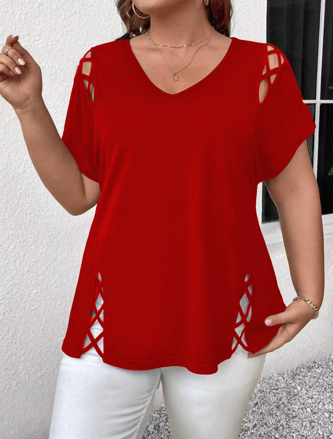 Women's Plus Size Solid Cross-Strap V-Neck Short Sleeve T-Shirt