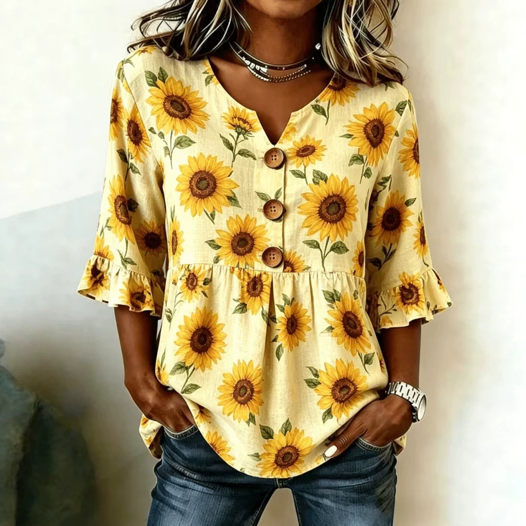 Floral Print Half-Sleeve Button-Up Top