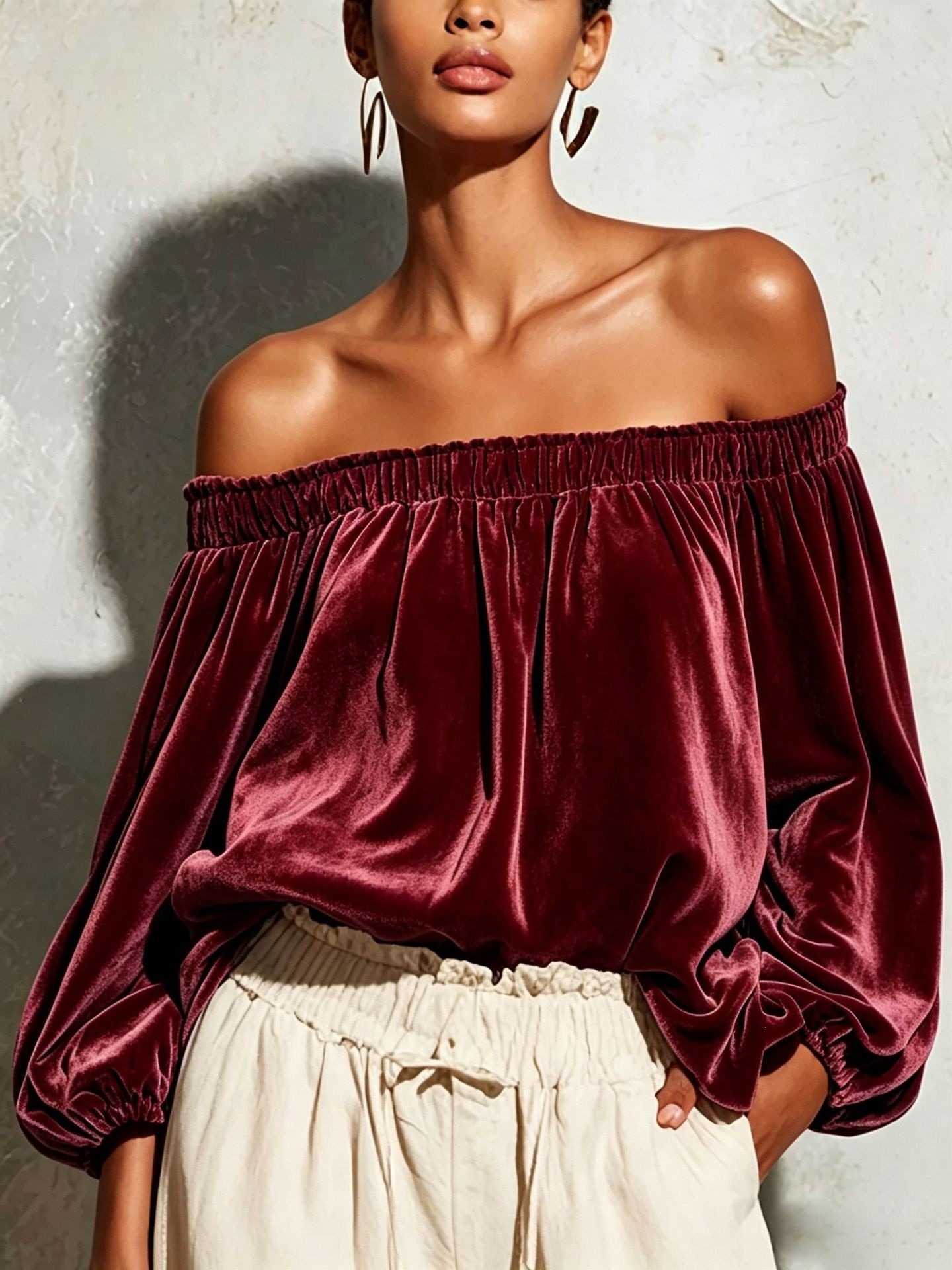 Velvet Off-Shoulder Top with Lantern Sleeves