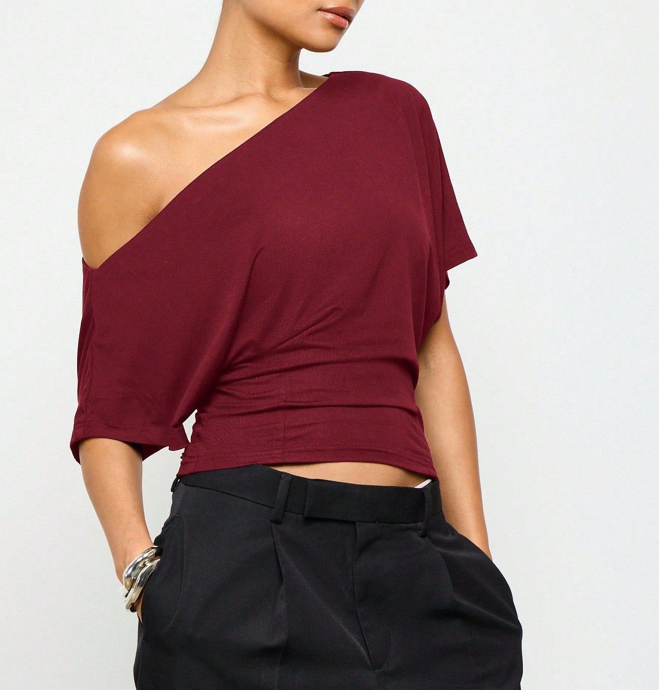Women's Off-Shoulder Loose T-Shirt with Batwing Sleeves and Cinched Waist