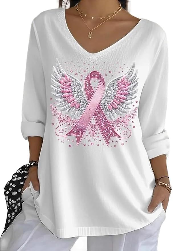 Wing Ribbon Print V-Neck Half-Sleeve T-Shirt