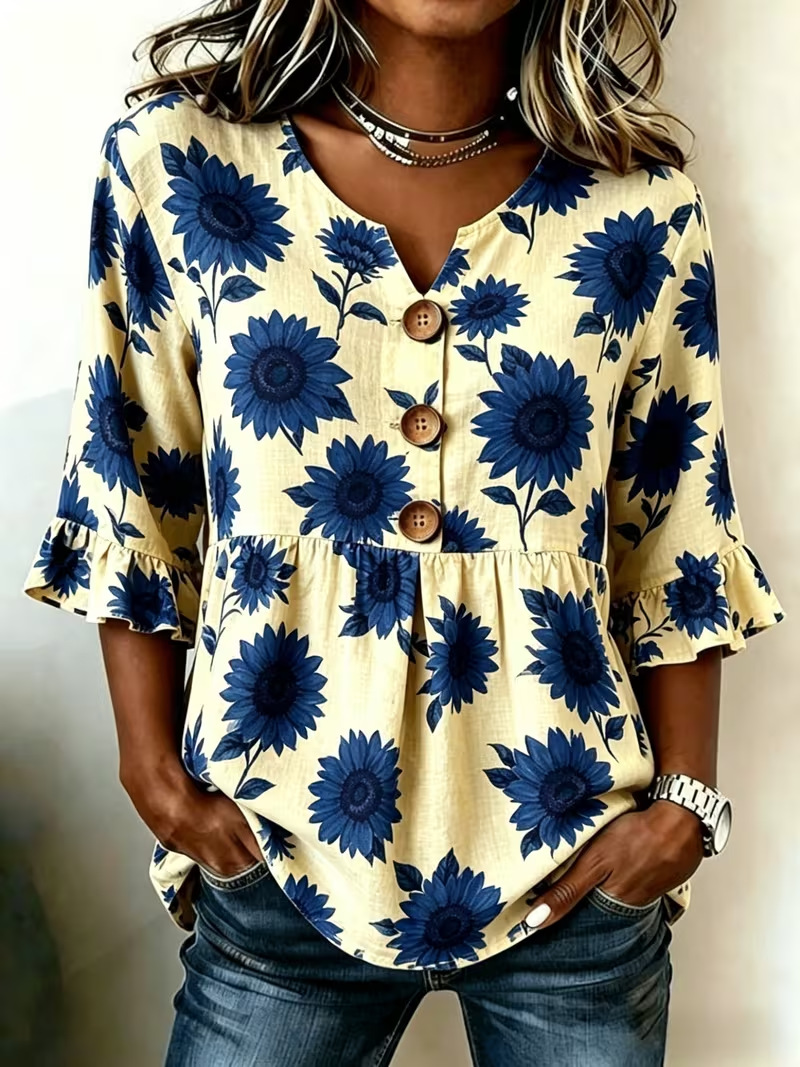 Floral Print Half-Sleeve Button-Up Top