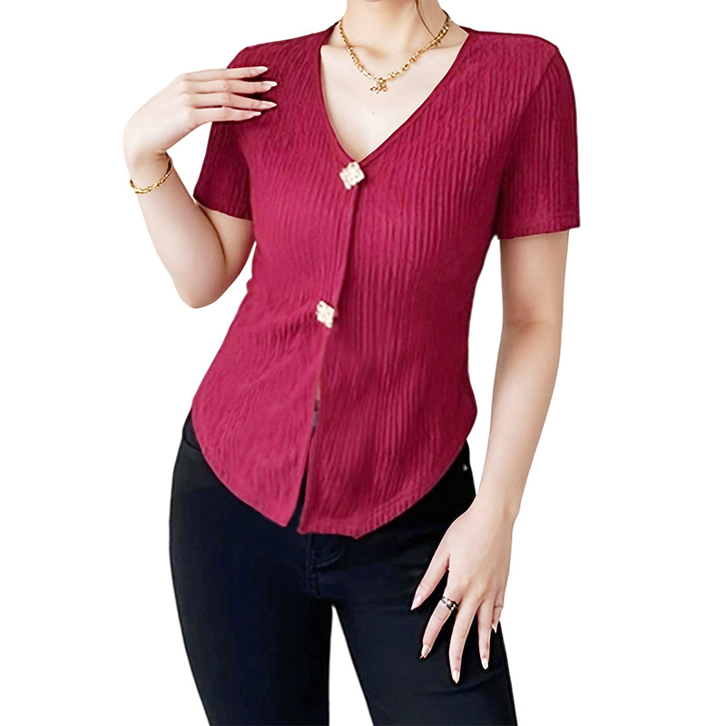 Women's Red V-Neck Short Sleeve Top with Metal Button Detail