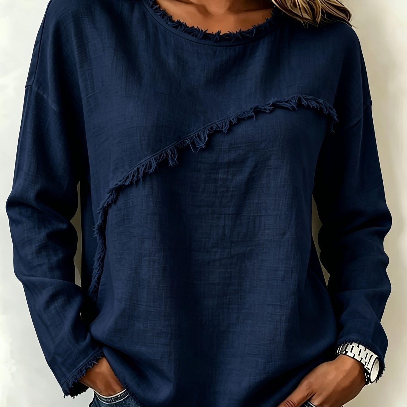 Women's Round Neck Faux Fur Trim Long Sleeve T-Shirt Solid Color Top