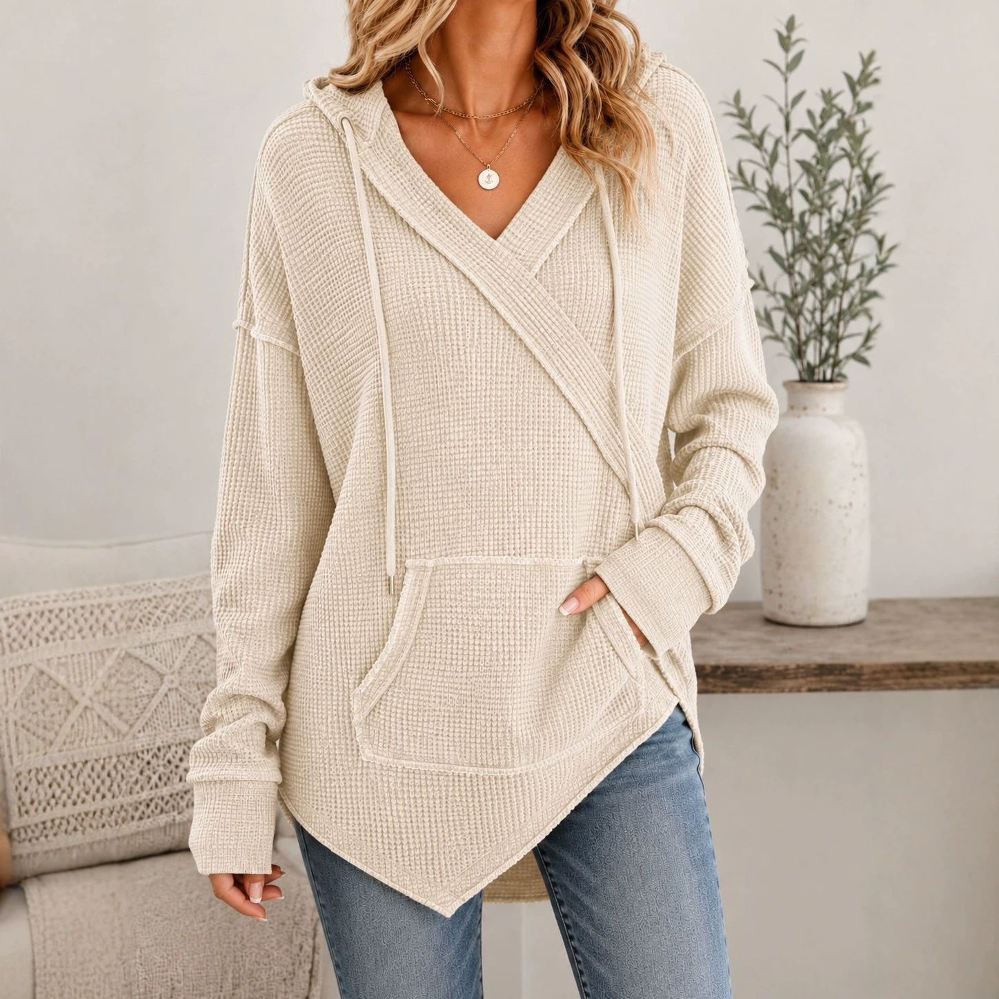 Waffle Knit Drawstring Hoodie Casual Pullover