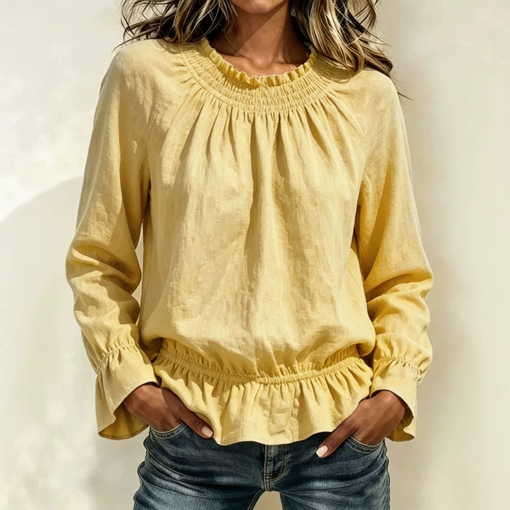Women's Casual Crewneck Long-Sleeve Ruffle Solid Color T-Shirt