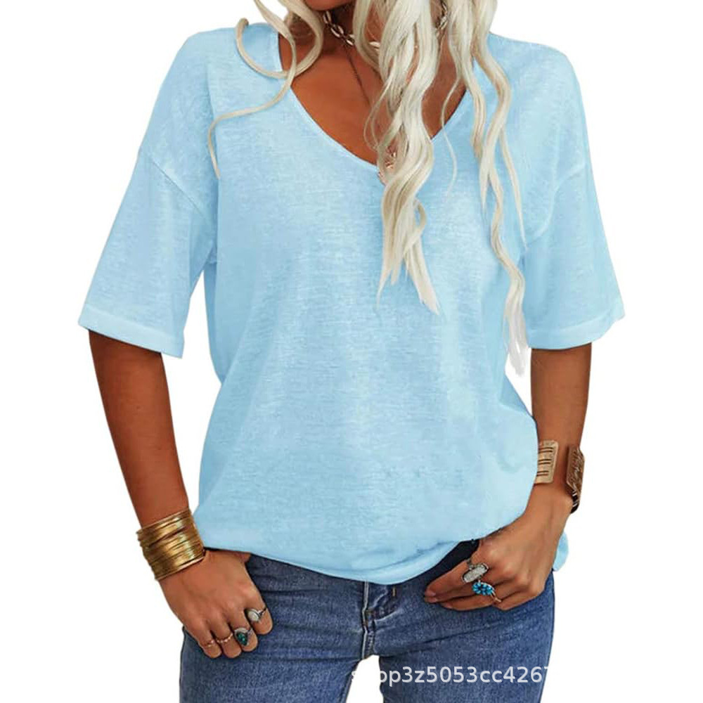 Women's V-Neck Short Sleeve Loose Fit T-Shirt Casual Solid Color Basic Top
