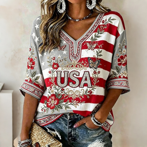 Women's American Flag Firework Print V-Neck Short Sleeve T-Shirt