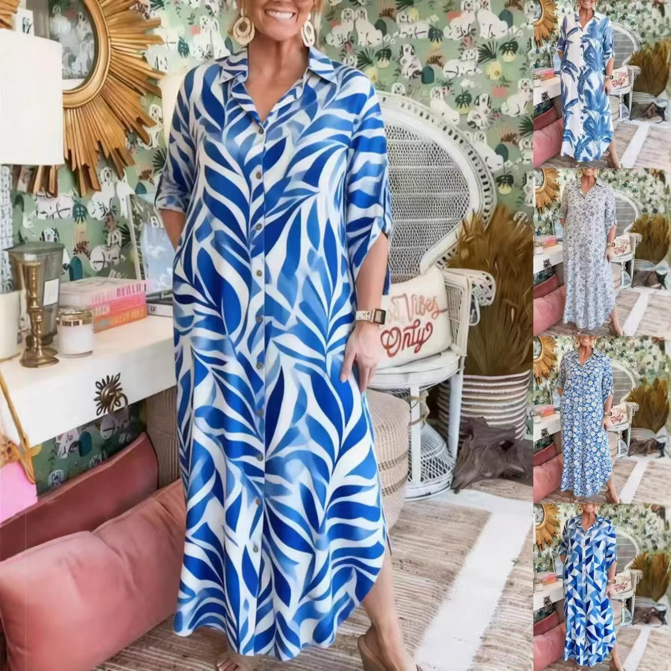 Women's Casual Loose Geometric Print Collared Half-Sleeve Plus Size Shirt Dress