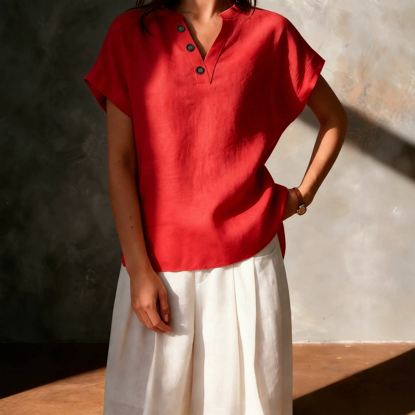 2026 New Cross-Border Women's Fashion Foreign Trade European and American Cotton-Linen High-End Feel Women's V-Neck Button Short-Sleeve Solid Color Shirt