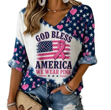 Ribbon Star Print V-Neck Half-Sleeve Women's T-Shirt