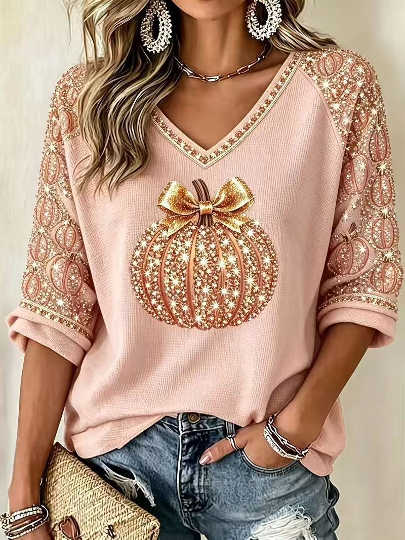Halloween Pumpkin Bow Print V-Neck Half-Sleeve Women's T-Shirt