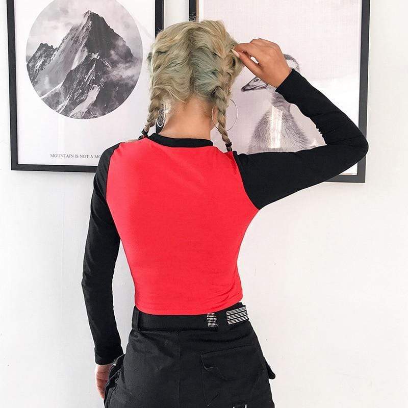 Women's Cropped Skull Print Slim Fit Colorblock Crewneck Long Sleeve Tee