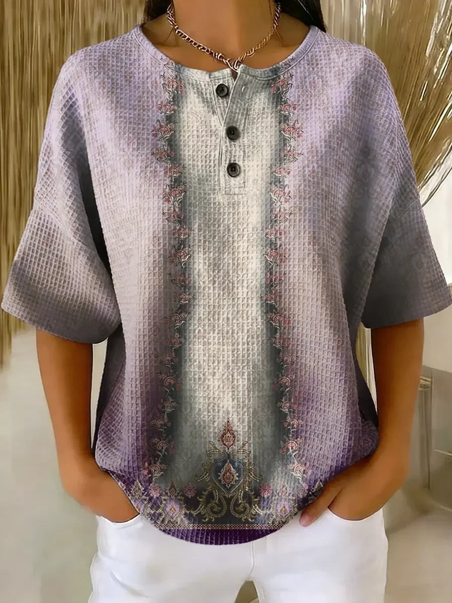Floral Plaid Print Crewneck Short Sleeve Button Top
