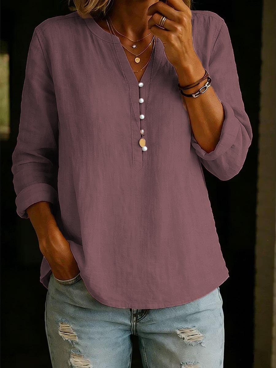 Cotton-Linen V-Neck Button-Front Long-Sleeve Top