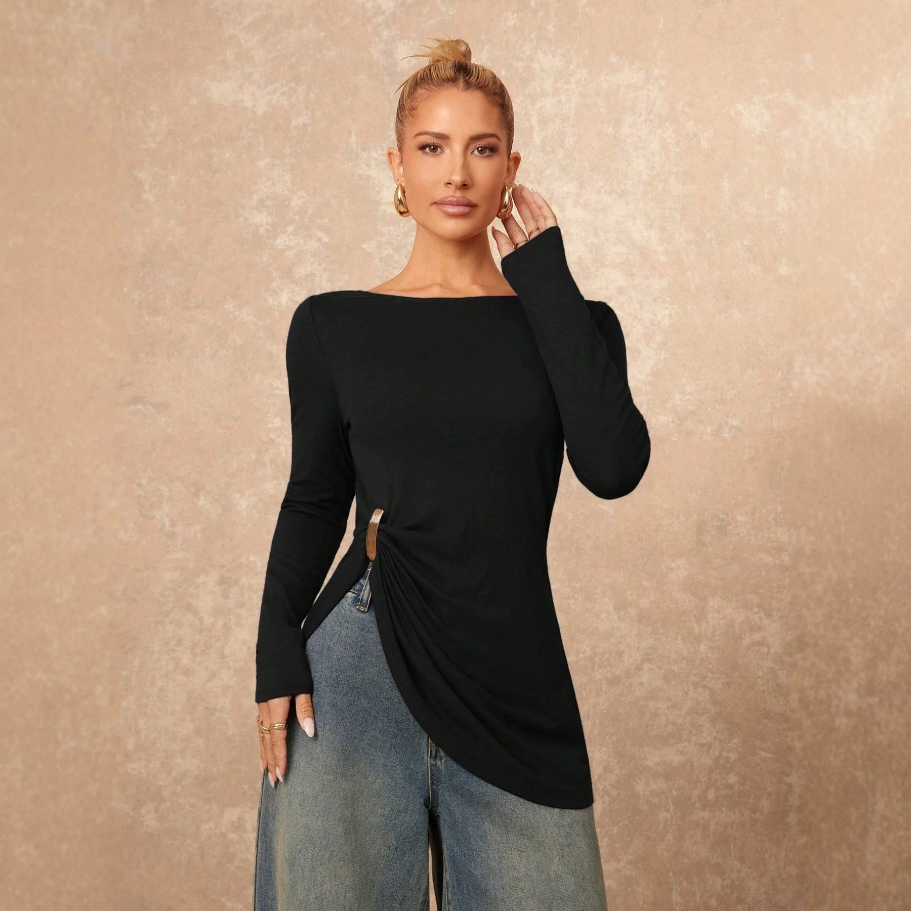 Women's Solid Color Asymmetrical Hem Long Sleeve Loose Casual Top