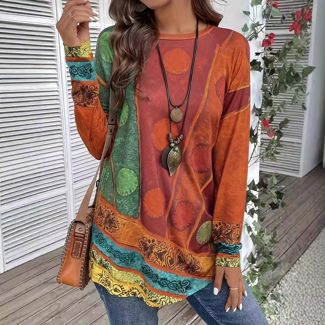 Retro Print Crewneck Long Sleeve T-Shirt Casual Versatile Top